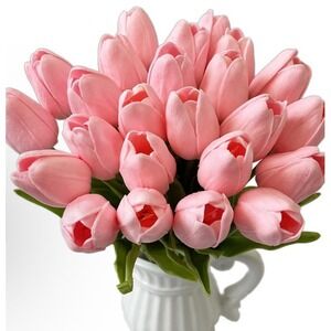 30pcs Tulips Artificial Flowers, Fake Tulip Stems Real Touch Latex Material Pink